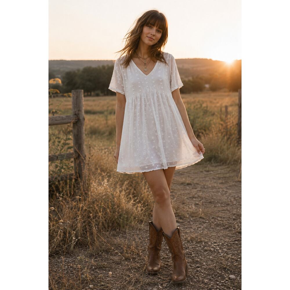 White Swiss Dot Babydoll Prairie Dress Indie Western Cottagecore Romantic Small